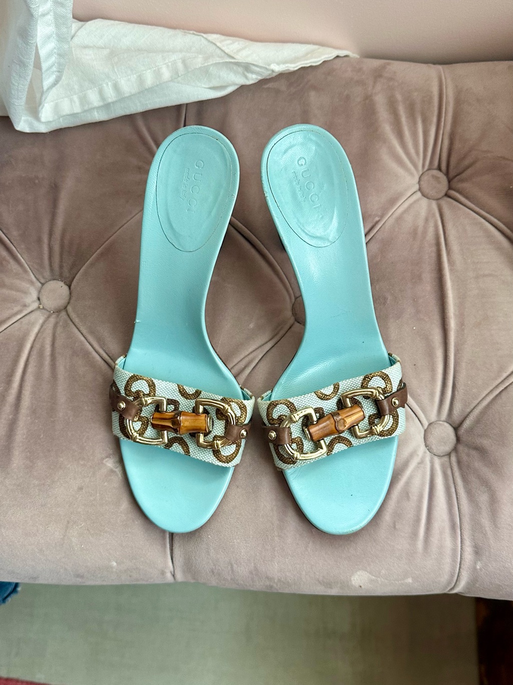 Gucci Aqua Blue Bamboo & Chain-Trim Slide Sandals